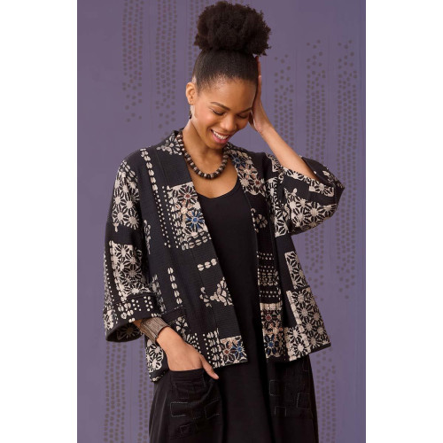 Meera Waffle Knit Batik Print Jacket - Black