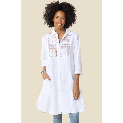 Yasira Organic Cotton Embroidered Long Shirt - White Yasira Organic Cotton Embroidered Long Shirt - White