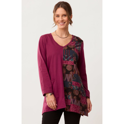Rushila Upcycled Patchwork V-neck Tunic - Black cherry/Multi Rushila Upcycled Patchwork V-neck Tunic - Black cherry/Multi