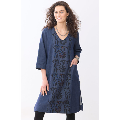 Recycled Yarn Amala 3/4-Sleeve A-Line Tunic - Dark denim Recycled Yarn Amala 3/4-Sleeve A-Line Tunic - Dark denim