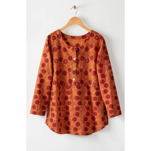 Divya Long-Sleeve Popover Button Top - Honey/Multi Divya Long-Sleeve Popover Button Top - Honey/Multi
