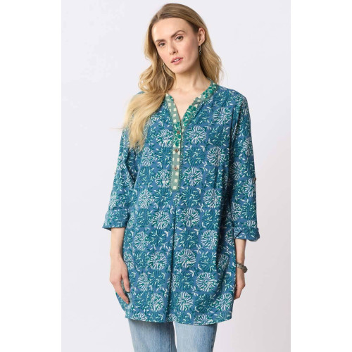 Raisa Roll-Sleeve Band Collar Shirt - Summer night